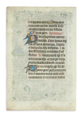 MANUSCRIPT LEAF.  Vellum leaf from Latin Book of Hours with miniature of the Crucifixion.  France, mid-15th century